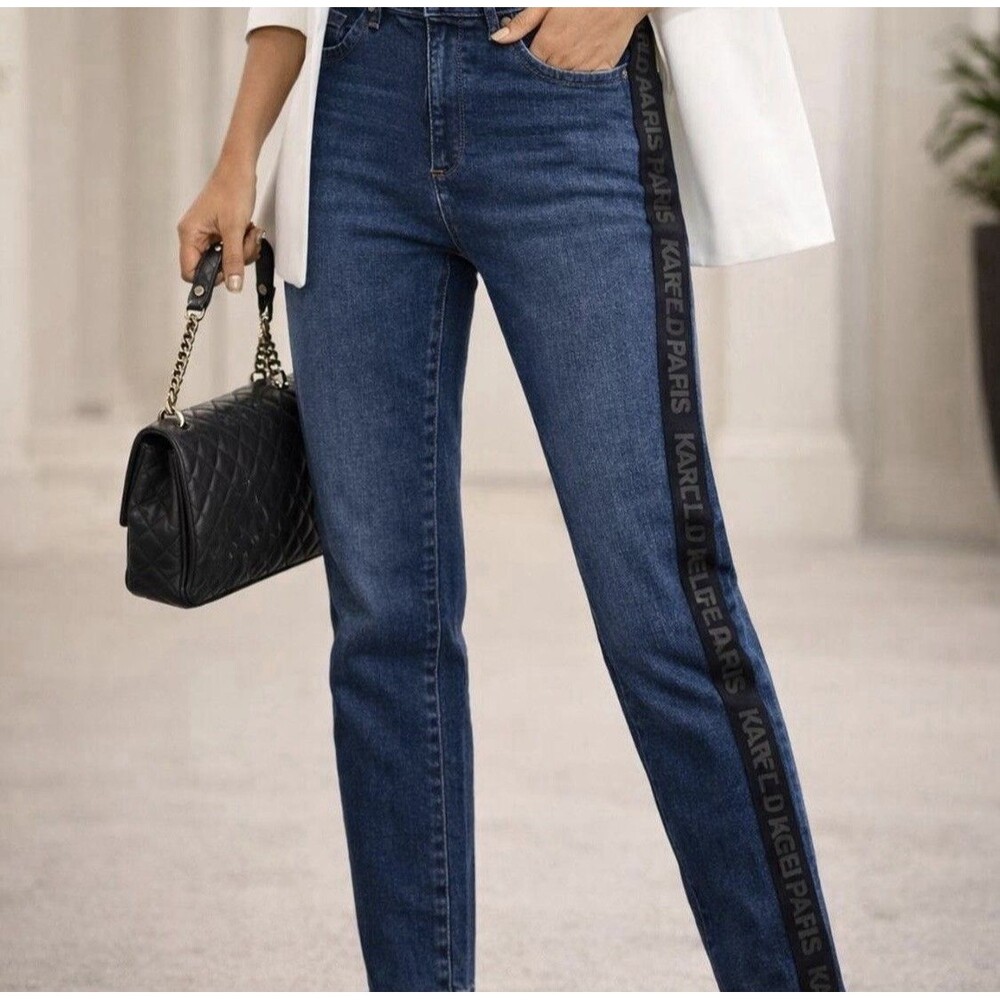 KARL LAGERFELD PARIS Women Indigo Dark Wash Straight-Leg Jeans Logo Size 8 NWT